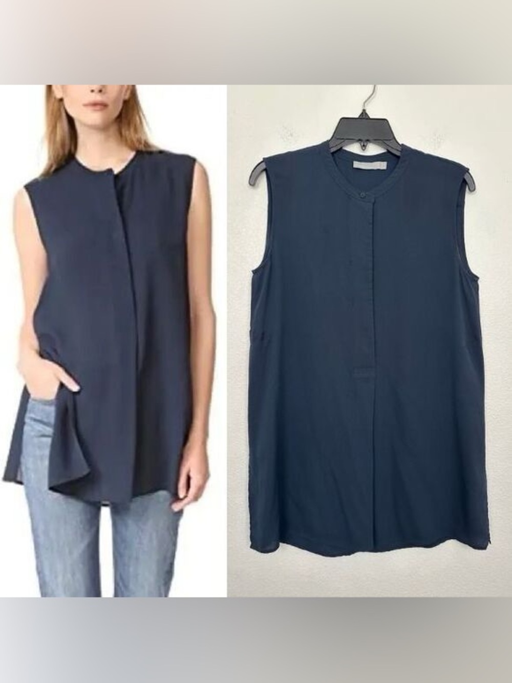 Vince Sleeveless Navy Split-Front Blouse Size Large